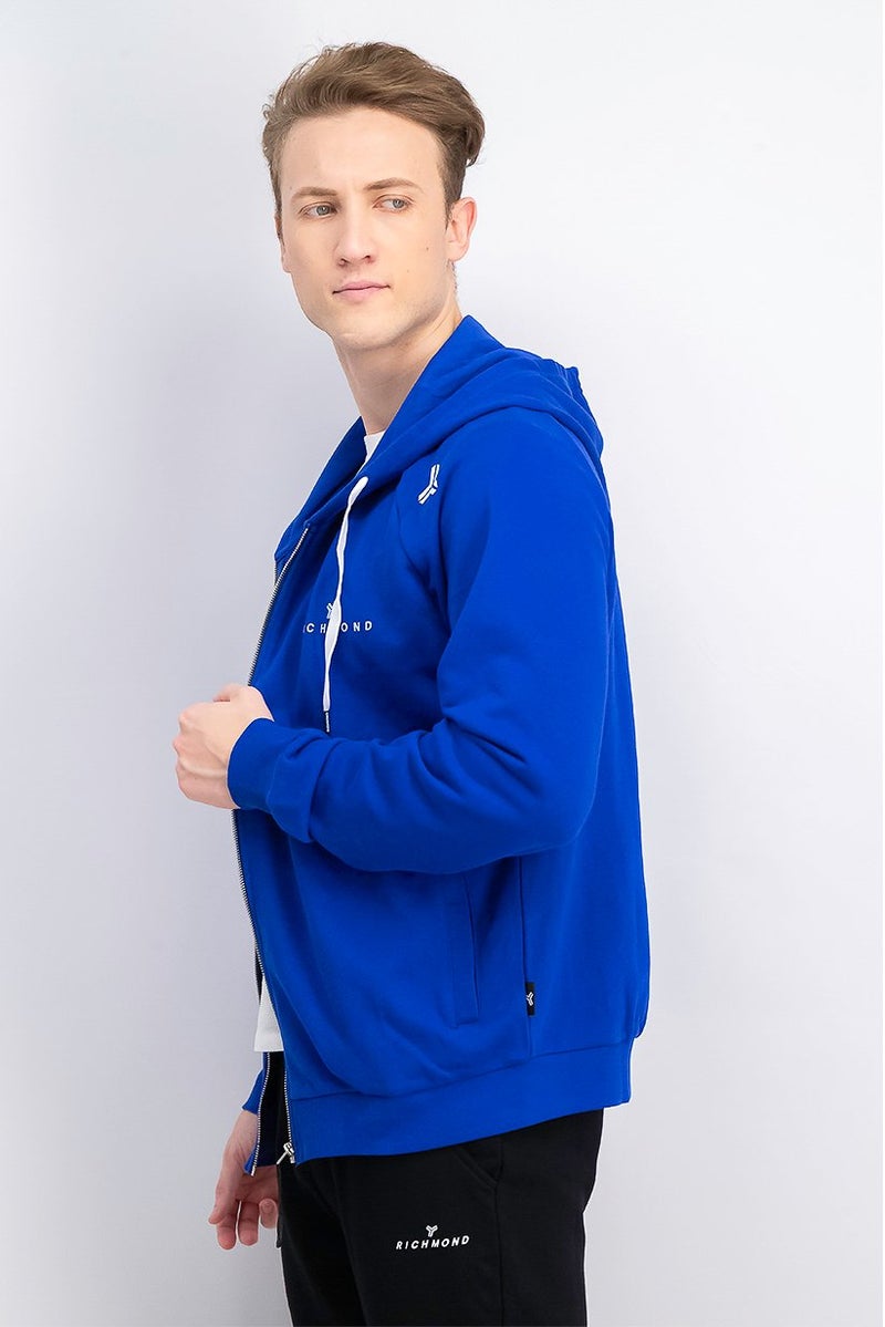 JOHN RICHMOND Men Sportswear Fit Full Zip Hooded Long Sleeves Brand Logo Sweatshirt, Blue - Image 4